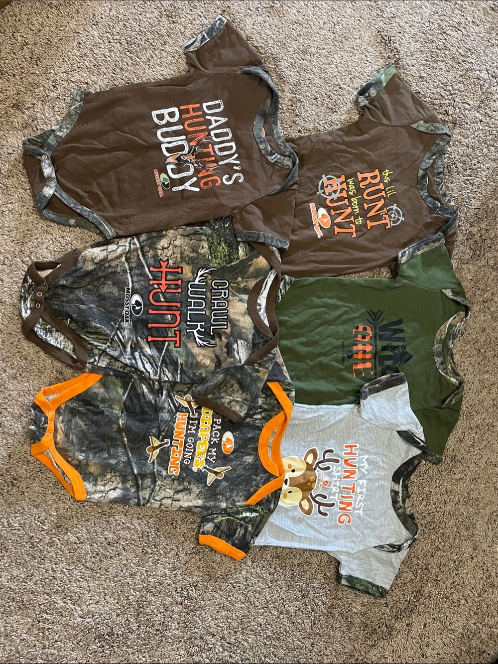 Mossy Oak Kids Hunting Bodysuit Set - Brown, Green, Orange, Gray, Camo